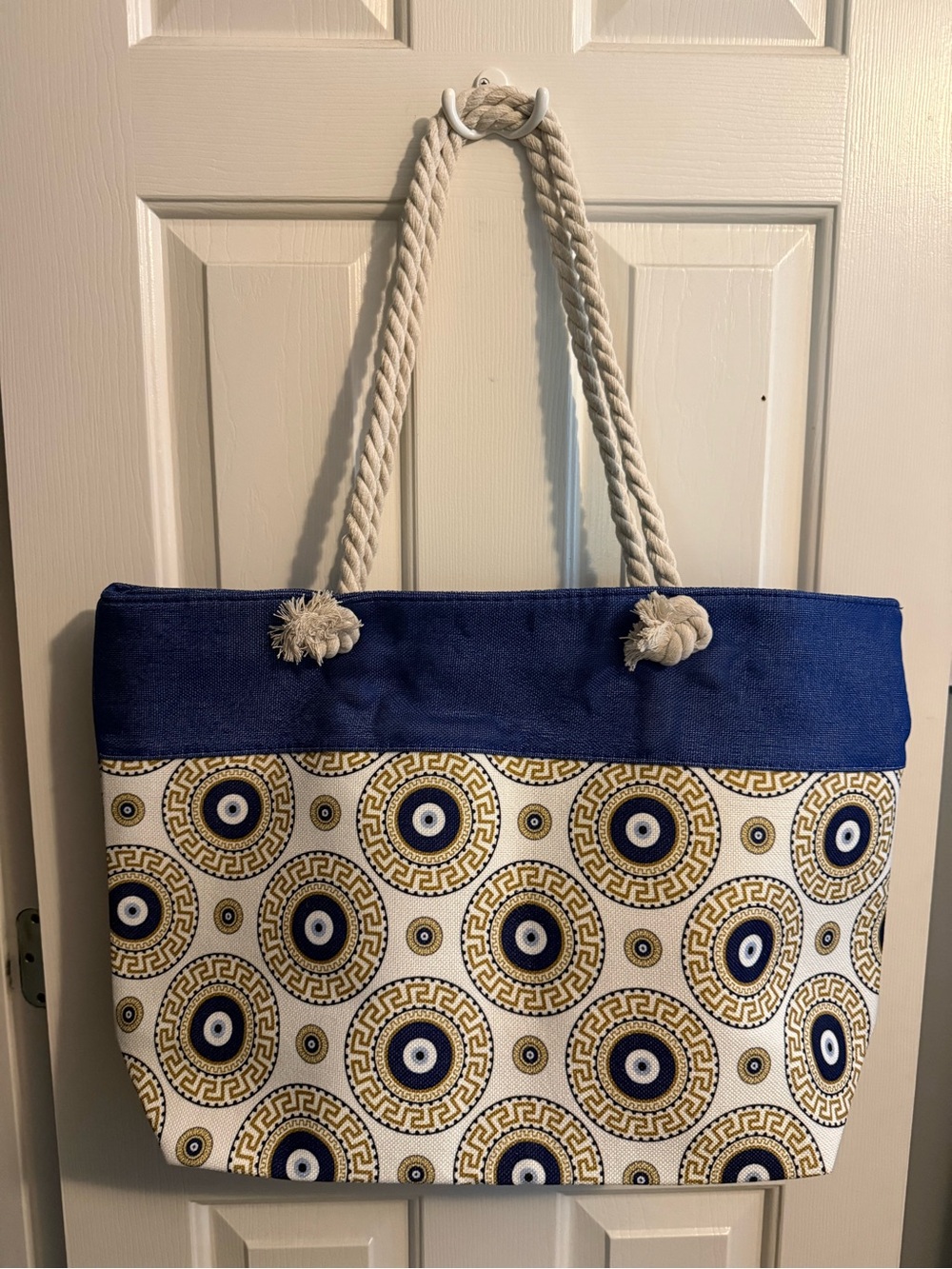 Greek Key Design Evil Eye Blue/Beige Themed 
22"x15" Tote
Imported from Greece - Picture 3 of 3